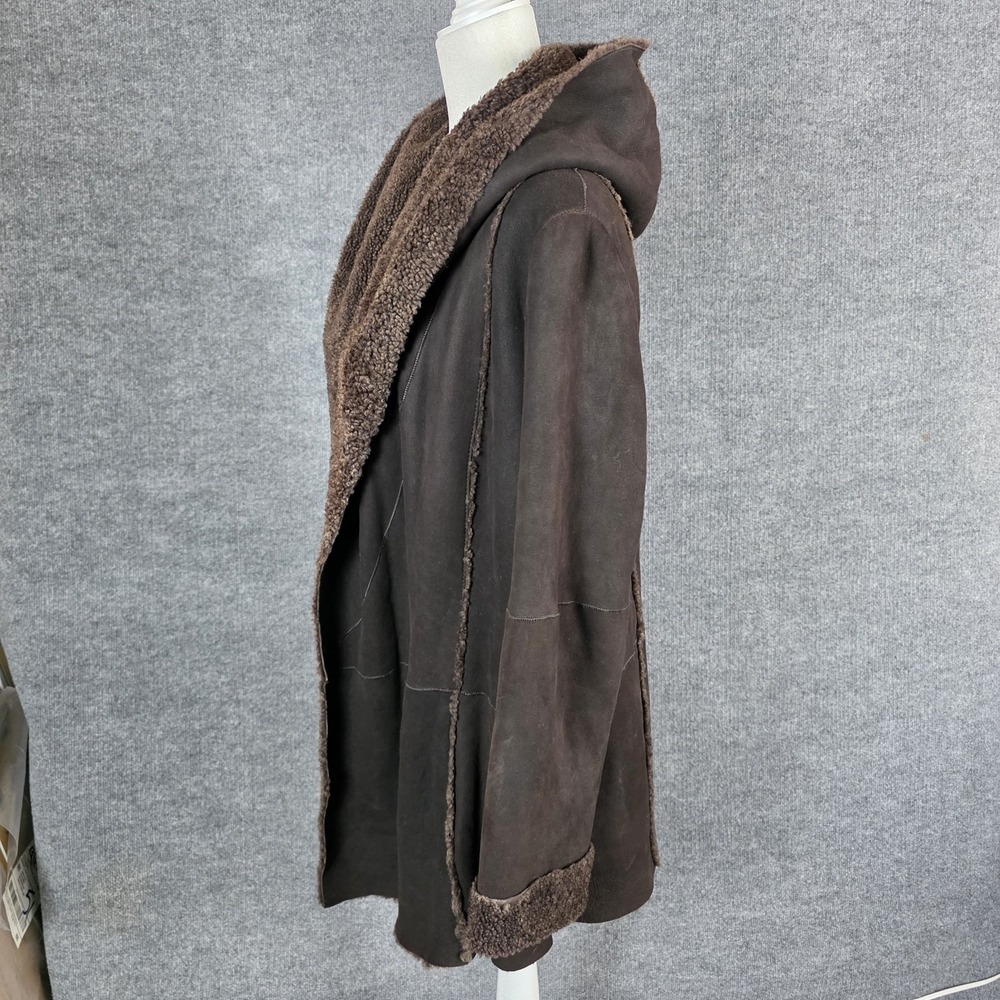 Vince M Shearling Leather Coat Spanish Merino Lamb Wool Brown Suede Hooded - Picture 6 of 13